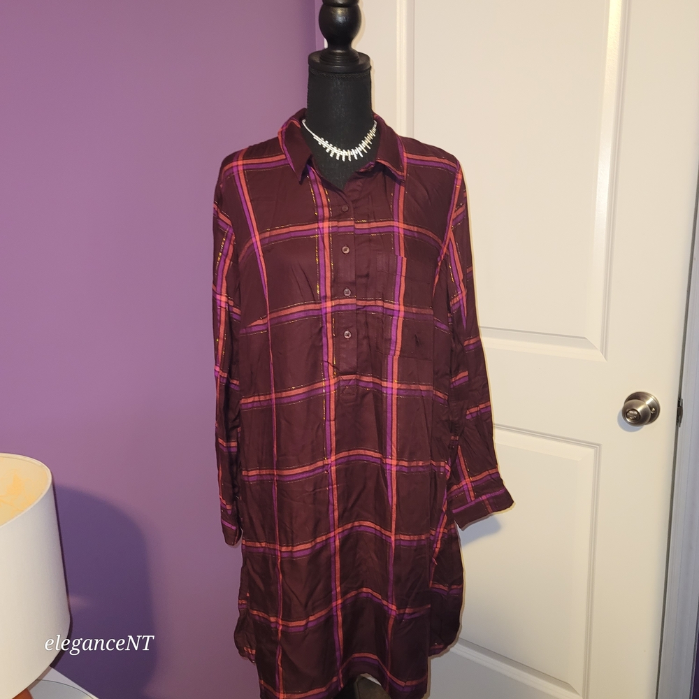 Old Navy Burgundy and Pink Plaid Oversized Shirt Dress